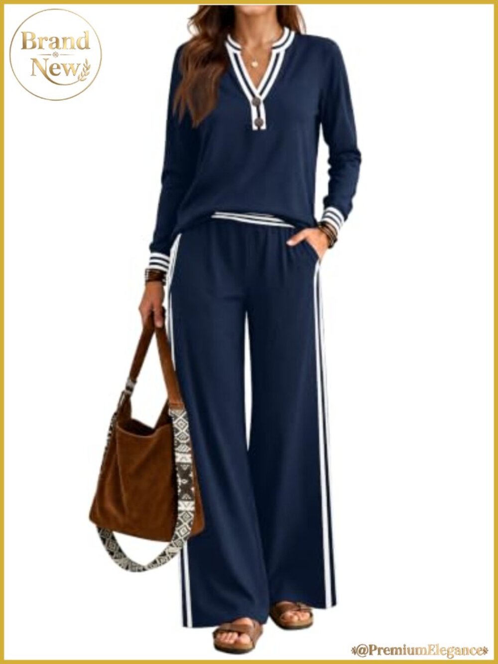 Women's 2 Piece Lounge Set Henley Tops High Waisted Wide Leg Pants